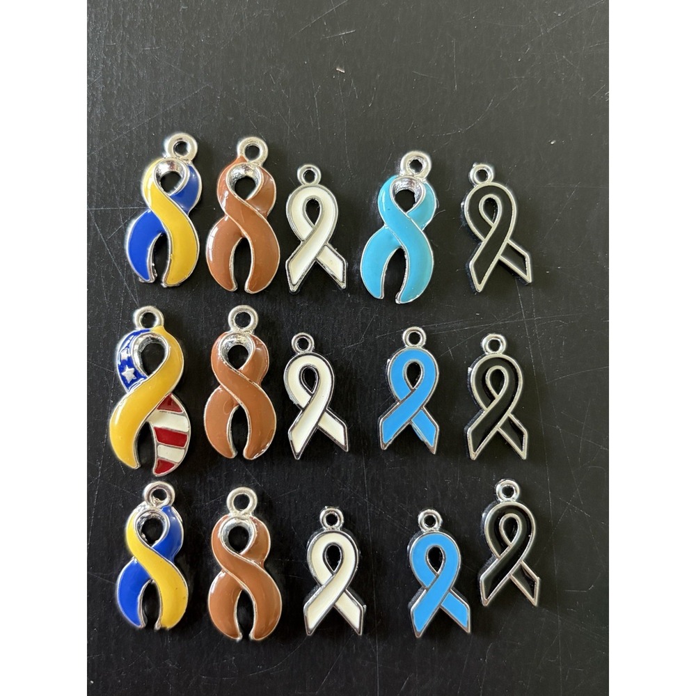 Awareness Ribbon Charms Lot Of 15 Troops Teal Black Brown Etc Small